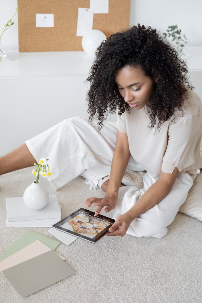 Creative woman using a tablet for design planning in a modern, relaxed setting.